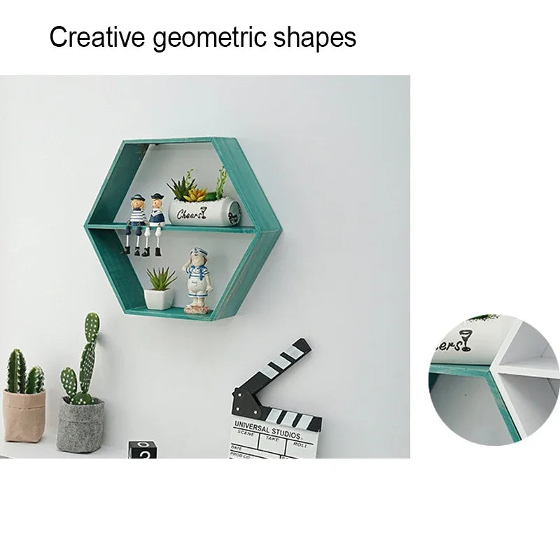 Nordic Style Wooden Hexagonal Wall Shelf - POUEV
