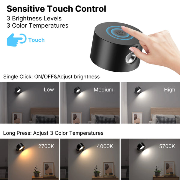 2pc Magnetic LED Wall Lamp | Wall Mounted, Rechargeable Battery Operated, USB Port, Cordless Wall Sconce - POUEV