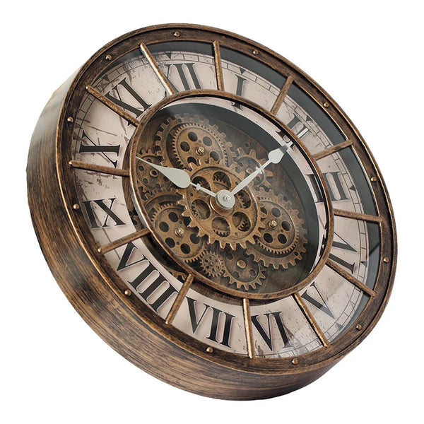 46cm Industrial Steampunk Wall Clock | Moving Gears & Roman Numerals