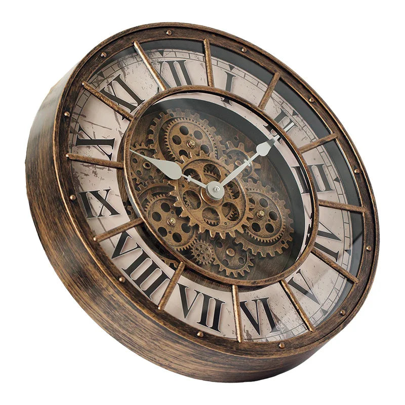 46cm Industrial Steampunk Wall Clock | Moving Gears & Roman Numerals