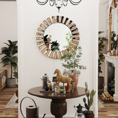 Sunburst Round Wall Mirror | Decorative Beveled Edge Accent Mirror for Living Room & Vanity - POUEV