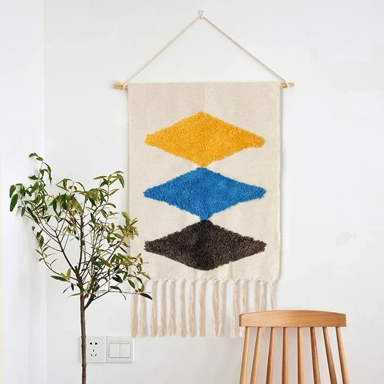 Macrame Wall Hanging Tapestry | Nordic Cotton Tassel Handmade Woven Bohemian Geometric Canvas Cloth - POUEV