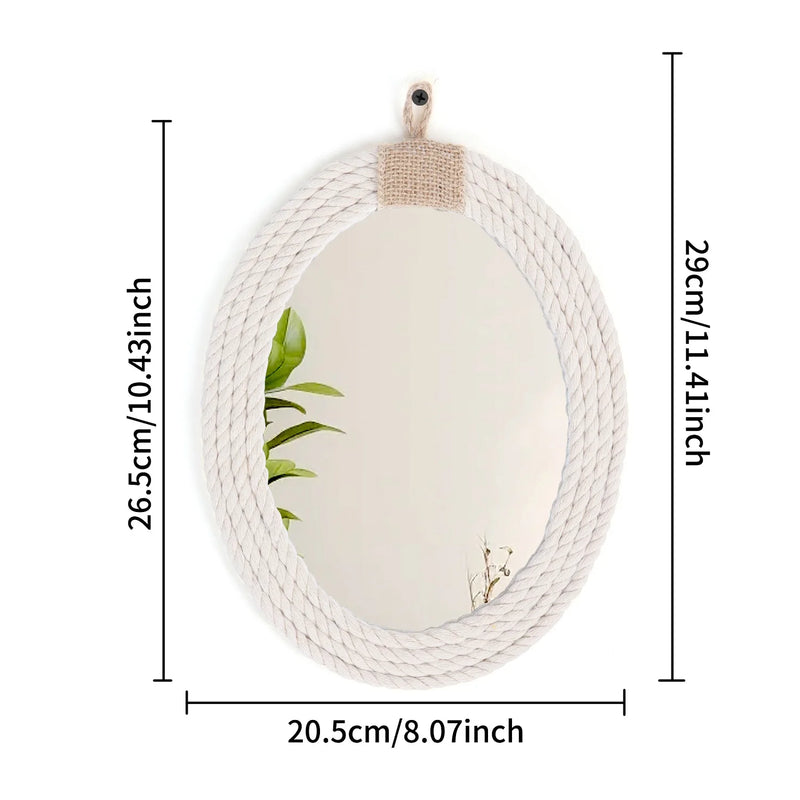 Cotton Rope Oval Mirror | Nautical & Coastal Style with Macrame Fringe | Hanging Oval Decorative Mirror - POUEV