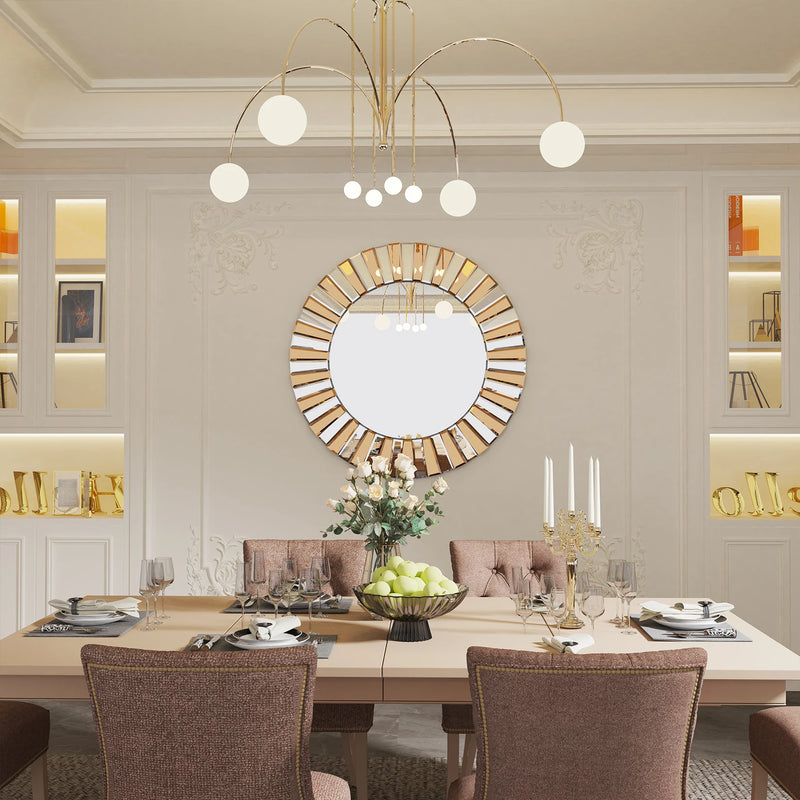 Sunburst Round Wall Mirror | Decorative Beveled Edge Accent Mirror for Living Room & Vanity - POUEV