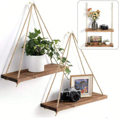 Wooden Hanging Shelf | Woven Rope Wall Shelf for Plants and Decor - POUEV