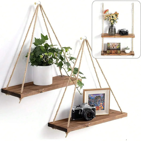 Wooden Hanging Shelf | Woven Rope Wall Shelf for Plants and Decor - POUEV