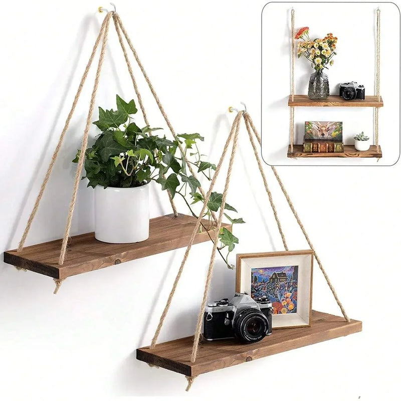 Wooden Hanging Shelf | Woven Rope Wall Shelf for Plants and Decor - POUEV