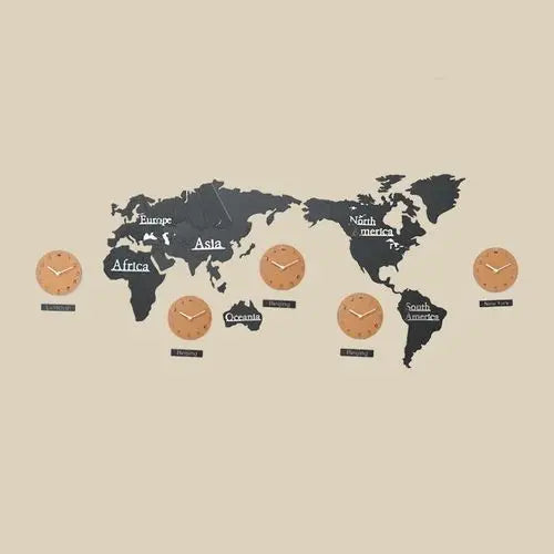 Nordic Wooden World Map Wall Clock | Silent Large Decorative Clock - POUEV