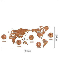 Nordic Wooden World Map Wall Clock | Silent Large Decorative Clock - POUEV