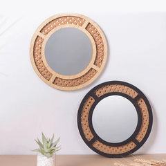 Bohemian Rattan Round Mirror | Stylish Wall Hanging for Bedroom and Living Room Décor - POUEV