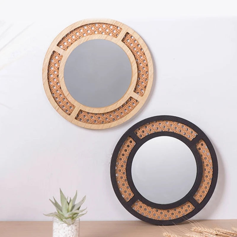 Bohemian Rattan Round Mirror | Stylish Wall Hanging for Bedroom and Living Room Décor - POUEV
