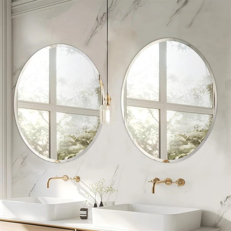 Frameless Round Wall Mirror | Elegant Beveled Edge Vanity Mirror for Bathroom, Bedroom & Entryway - POUEV