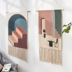 Macrame Wall Hanging Tapestry | Nordic Cotton Tassel Handmade Woven Bohemian Geometric Canvas Cloth - POUEV