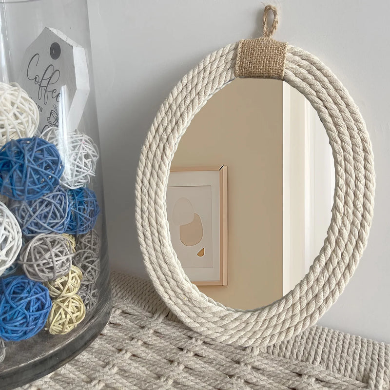 Cotton Rope Oval Mirror | Nautical & Coastal Style with Macrame Fringe | Hanging Oval Decorative Mirror - POUEV