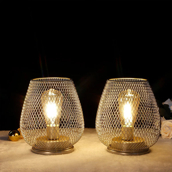 Set of 2 Metal Cage Table Lamp | Vintage Battery Operated LED Lantern - POUEV
