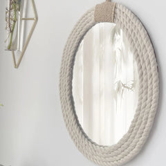 Cotton Rope Oval Mirror | Nautical & Coastal Style with Macrame Fringe | Hanging Oval Decorative Mirror - POUEV