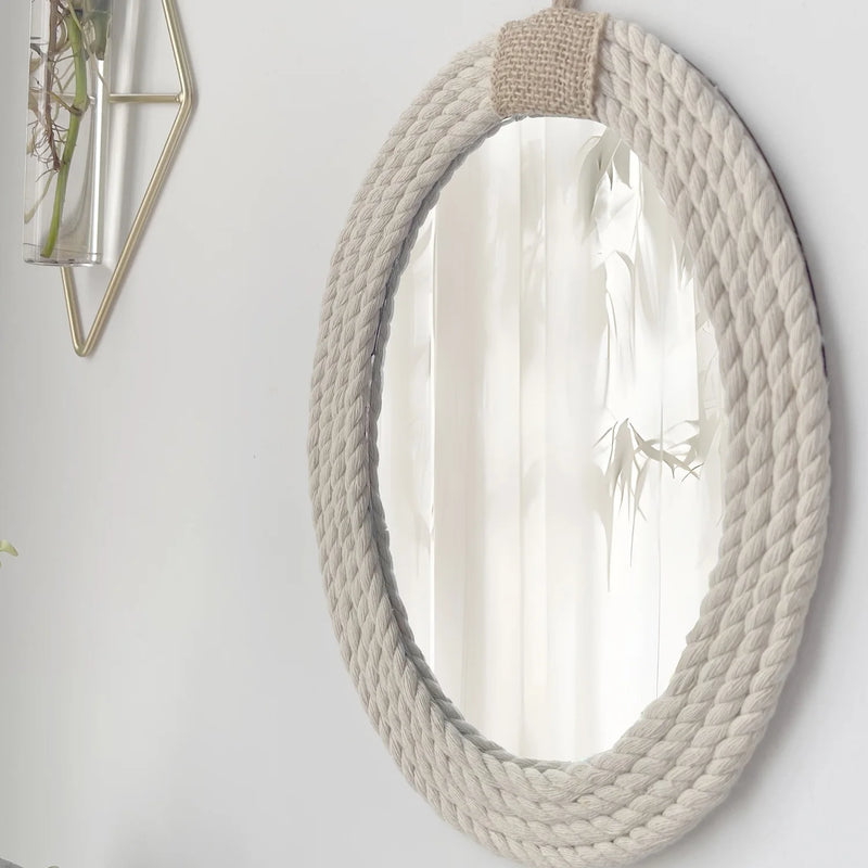 Cotton Rope Oval Mirror | Nautical & Coastal Style with Macrame Fringe | Hanging Oval Decorative Mirror - POUEV