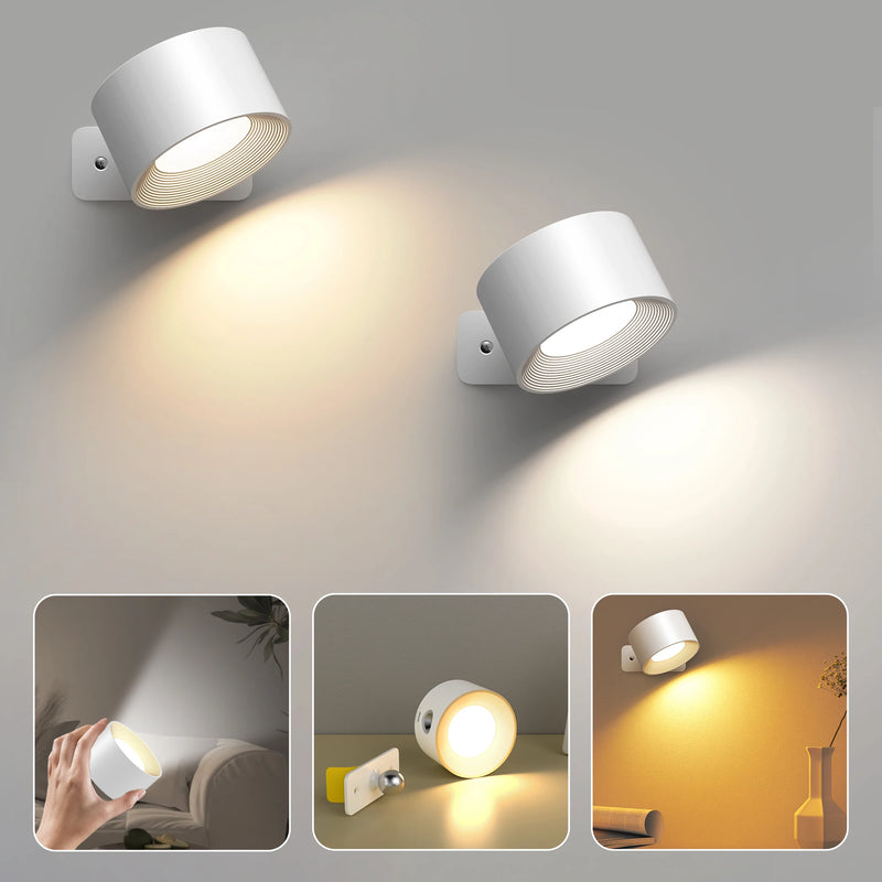 2pc Magnetic LED Wall Lamp | Wall Mounted, Rechargeable Battery Operated, USB Port, Cordless Wall Sconce - POUEV