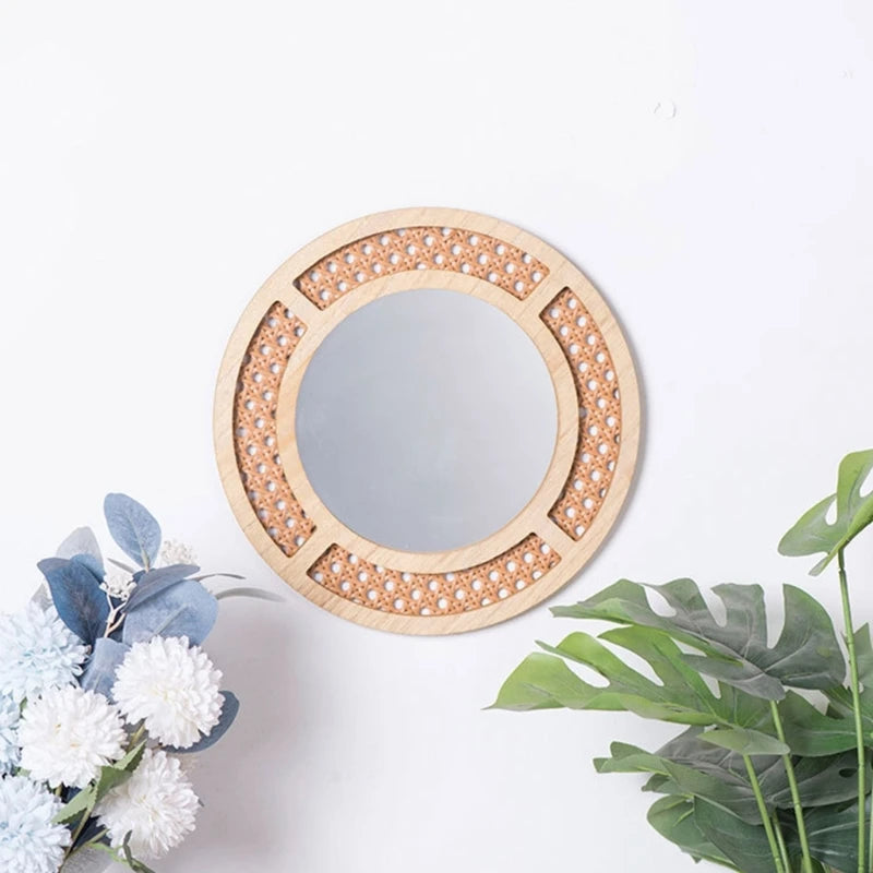 Bohemian Rattan Round Mirror | Stylish Wall Hanging for Bedroom and Living Room Décor - POUEV