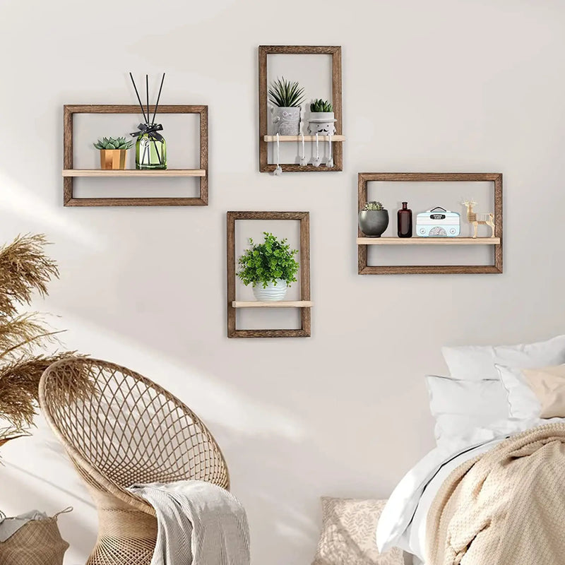 Wood Floating Wall Shelves | Rustic Hanging Shelves for Storage in Bedroom, Bathroom, Living Room & Kitchen - POUEV