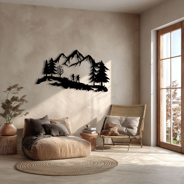 Metalen wanddecoratie – Avontuurlijke Bergscène – Duurzaam en decoratief