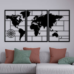 Metalen wanddecoratie | Drieluik wereldkaart | Stijlvol en modern ontwerp