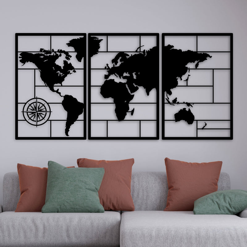 Metalen wanddecoratie | Drieluik wereldkaart | Stijlvol en modern ontwerp