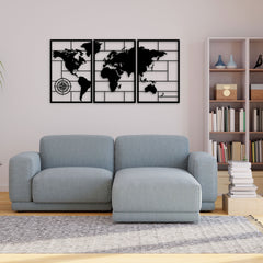 Metalen wanddecoratie | Drieluik wereldkaart | Stijlvol en modern ontwerp