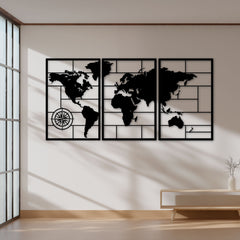Metalen wanddecoratie | Drieluik wereldkaart | Stijlvol en modern ontwerp
