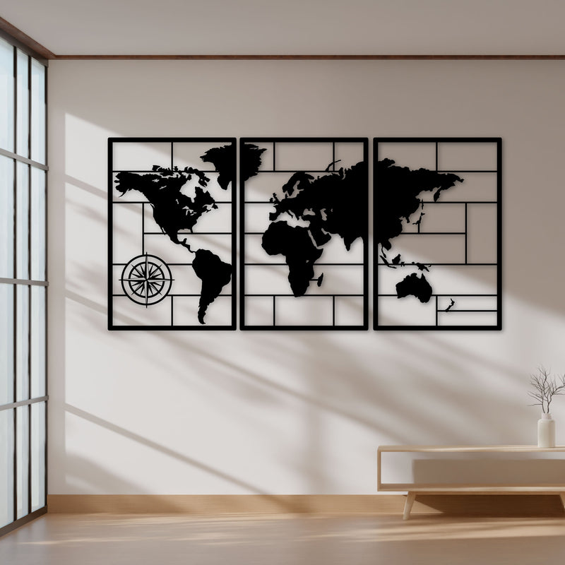 Metalen wanddecoratie | Drieluik wereldkaart | Stijlvol en modern ontwerp