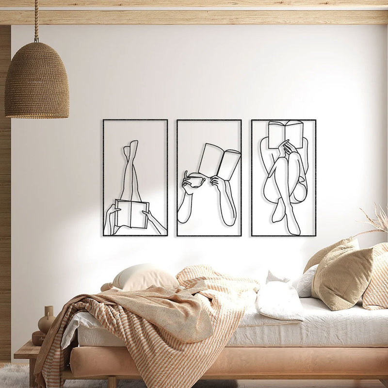 Metalen wanddecoratie | Triptiek voor boekenliefhebbers | Uniek design, perfect voor interieurdecoratie