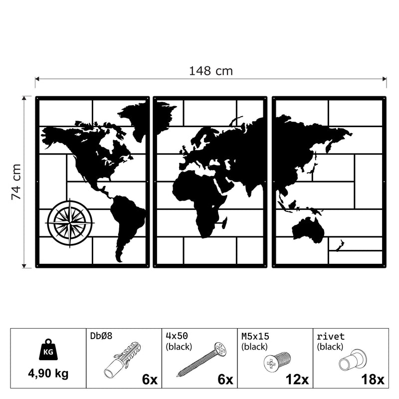Metalen wanddecoratie | Drieluik wereldkaart | Stijlvol en modern ontwerp