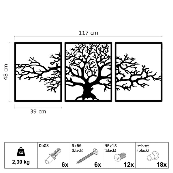 Metalen wanddecoratie | Drieluik ontwerp | Levensboom, geschikt voor binnengebruik